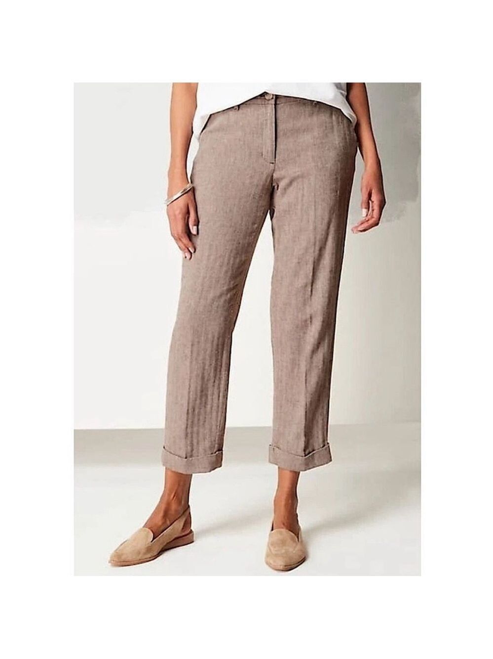 J Jill Tapered Linen Blend Cuffed Ankle Pants Herringbone Coffee Brown, 8